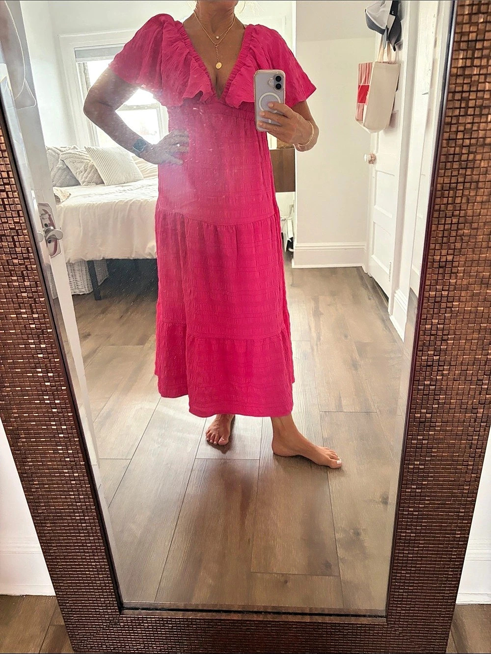 PinkBlush Woven Textured Flutter Sleeve V-Neck Tiered Maxi Dress Pink Dress